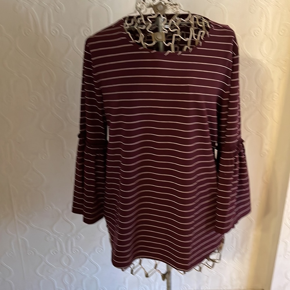 Van Heusen Bell Sleeve Burgundy and Ivory Striped Top EUC Size M